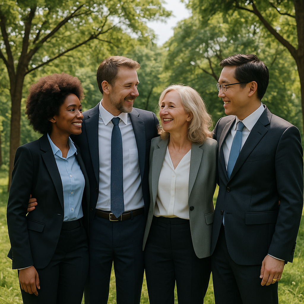 Four professionals in business attire standing together in a park.